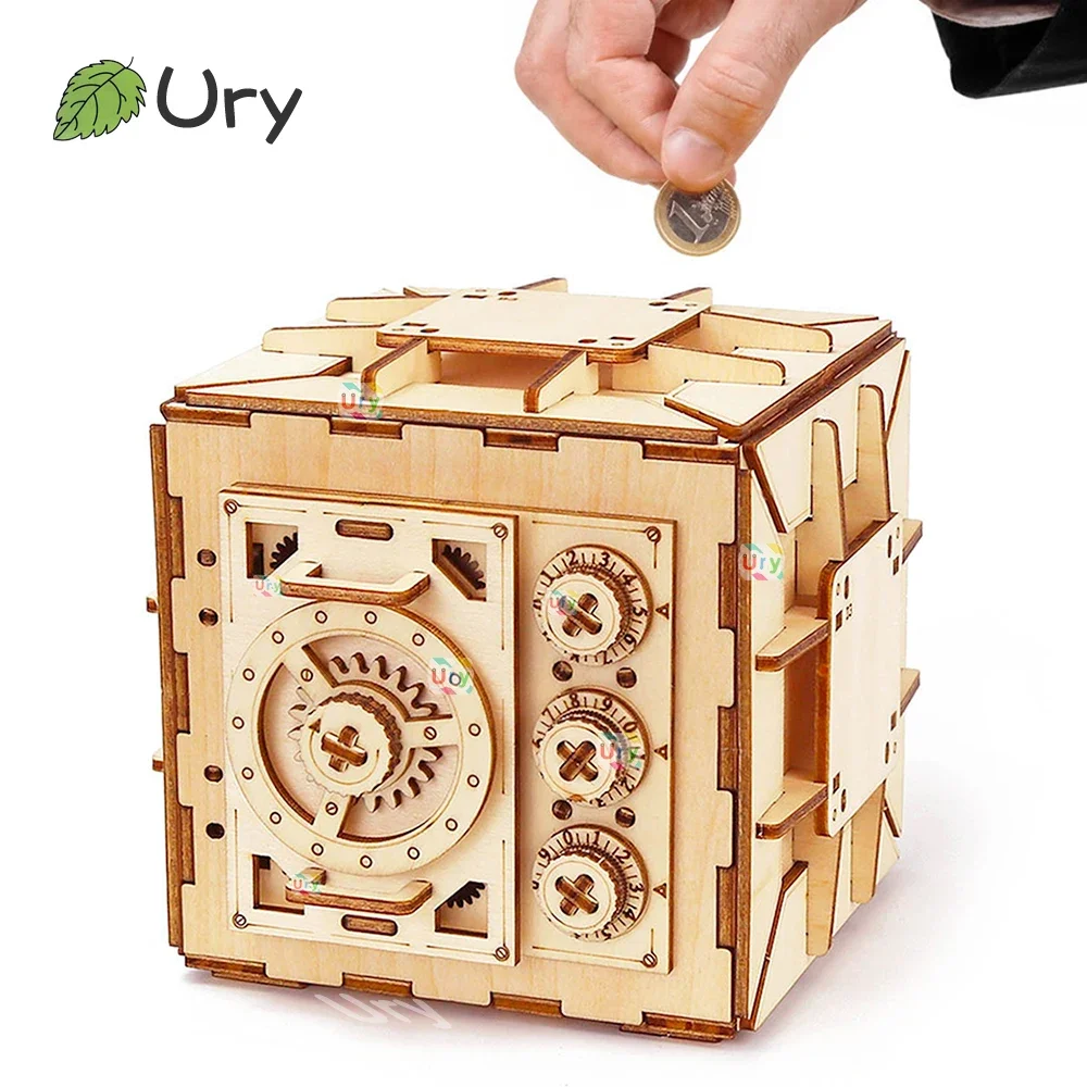 Kids Education Money - URY 3D ปริศนาไม้รหัสผ่านสมบัติกล่องเงิน Piggy Bank DIY