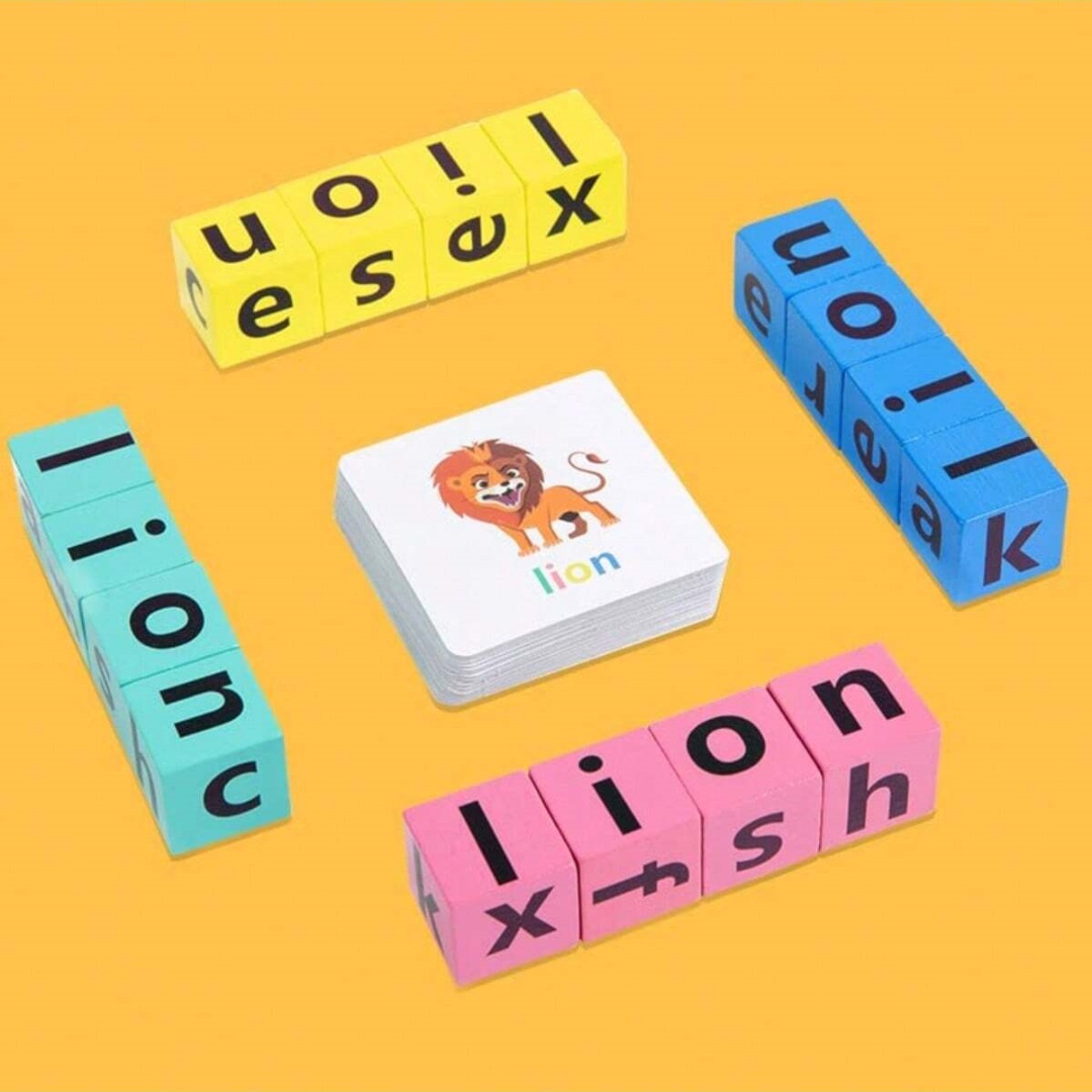 English Kids Education - เกมกระดานสะกดคำตัวอักษรสำหรับเด็ก, บล็อกตัวอักษร 16 ตัว + การ์ดคำศัพท์