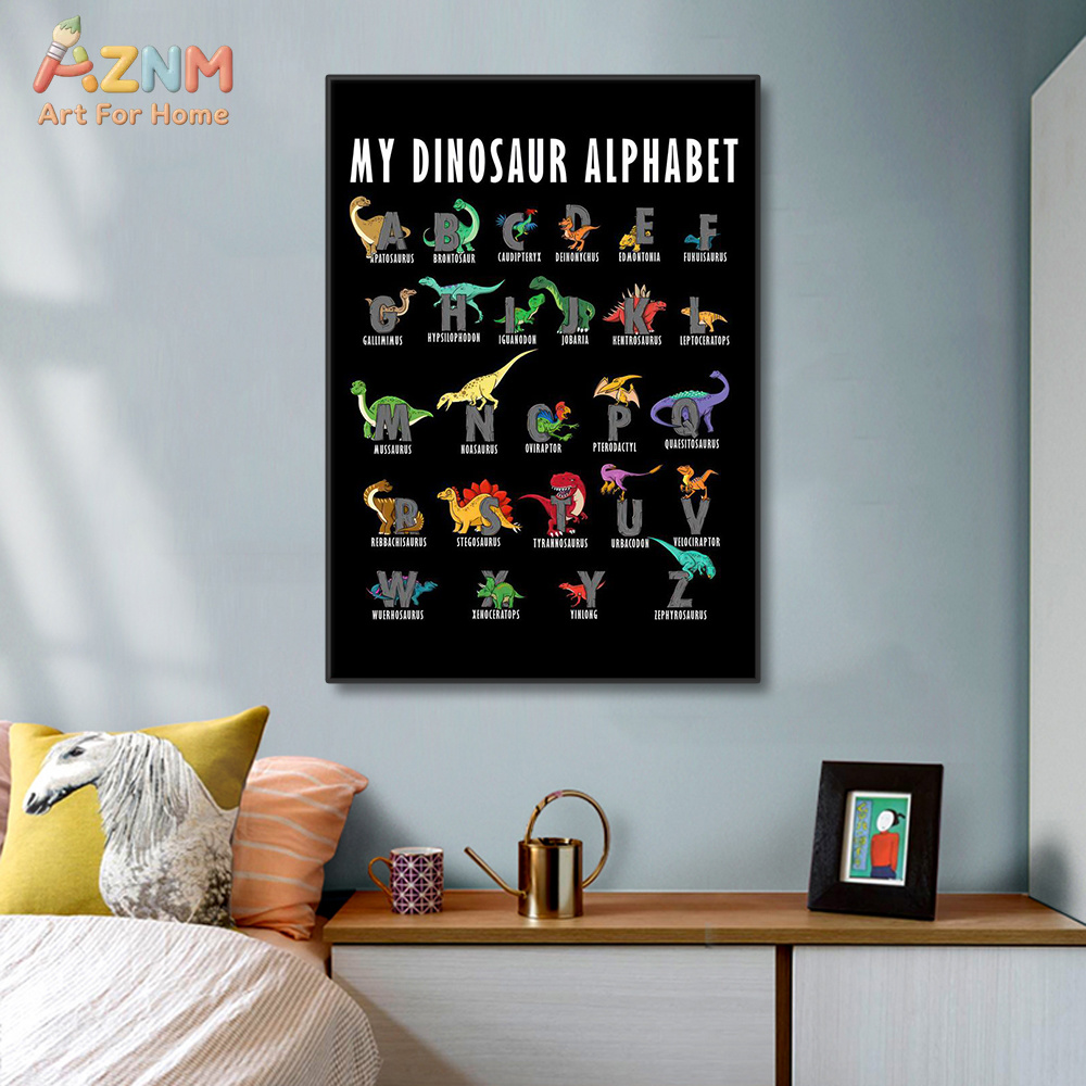 Kids Education Background - AZNM ไดโนเสาร์ตัวอักษรภาพพิมพ์บนผ้าใบสำหรับตกแต่งผนังการ์ตูนไดโน ABC แผนภูมิพื้นหลังสีดำการศึกษาเด็กห้องนอนตกแต่งห้องเด็กอ่อนโพสต์