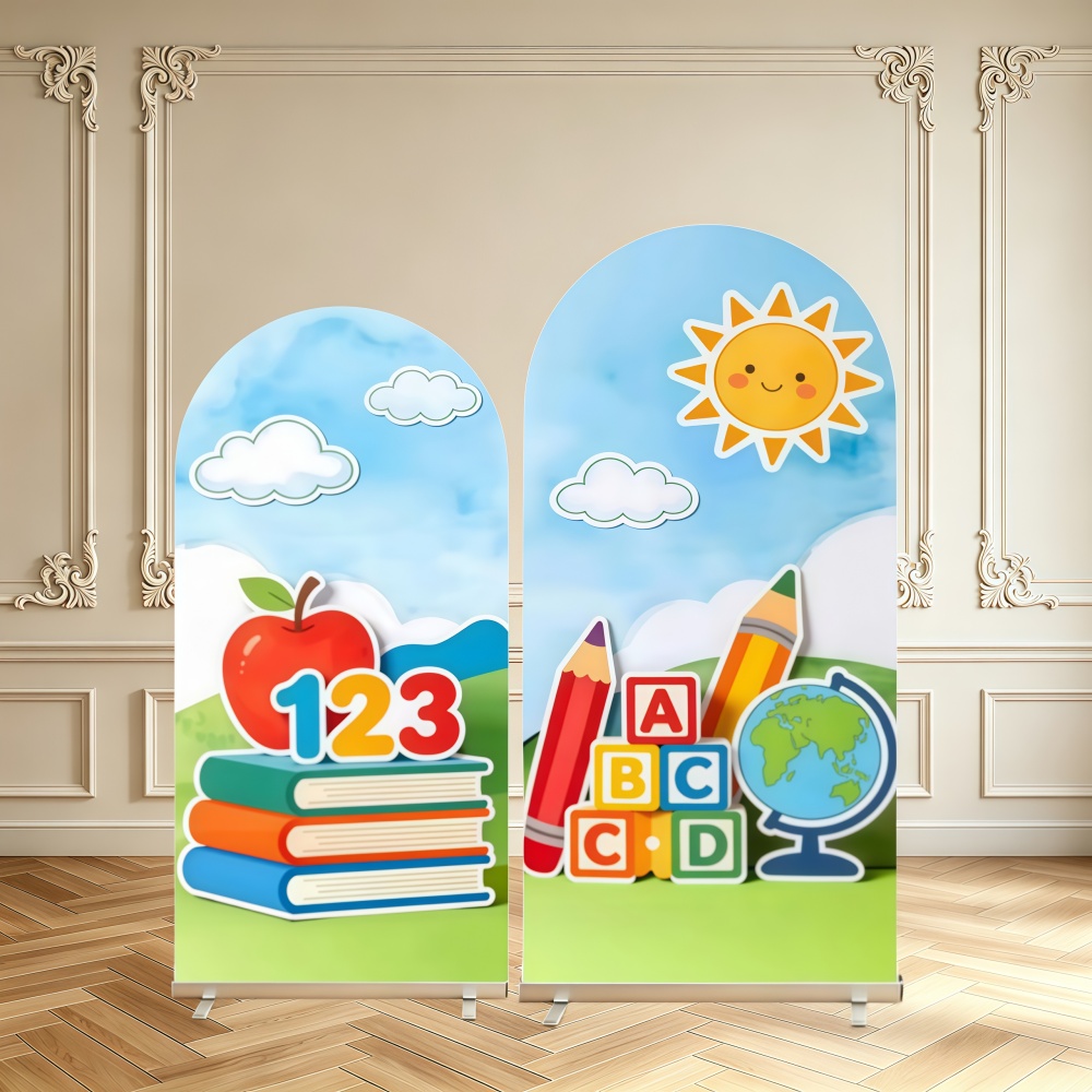 Kids Education Background - ฉากหลังตกแต่งธีมเปิดเทอม ลายโค้ง พร้อมภาพแอปเปิล หนังสือ ตัวเลข ตัวอักษร